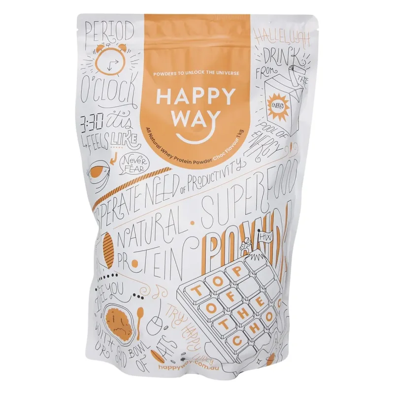 Happy Way Chocolate Whey Protein Powder 1kg bag with playful illustrations and text.
