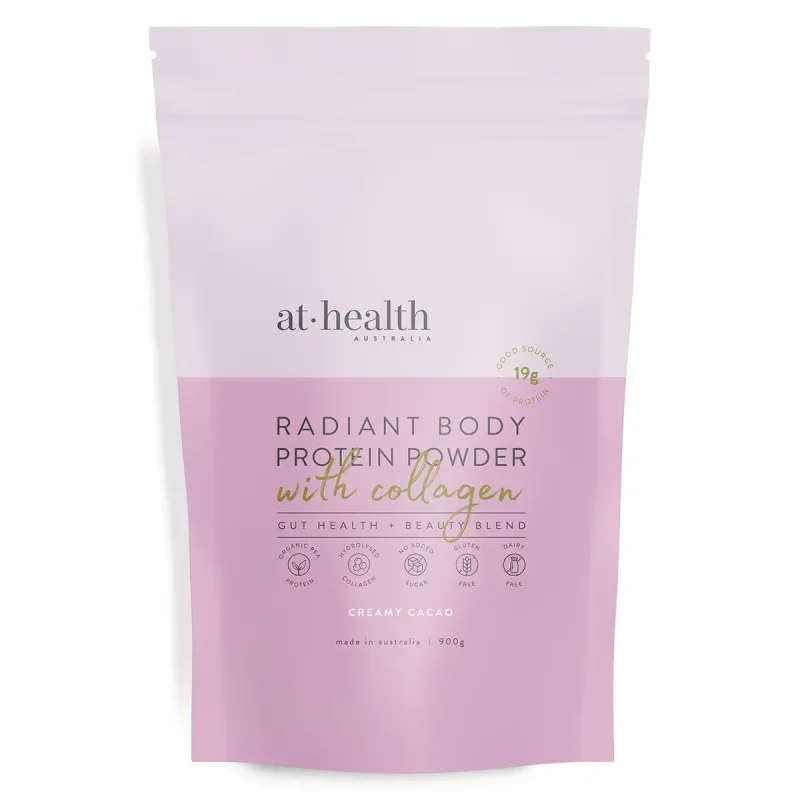 Pouch of At Health Australia Radiant Body Protein Powder with Collagen in Creamy Cacao flavour, 900g.