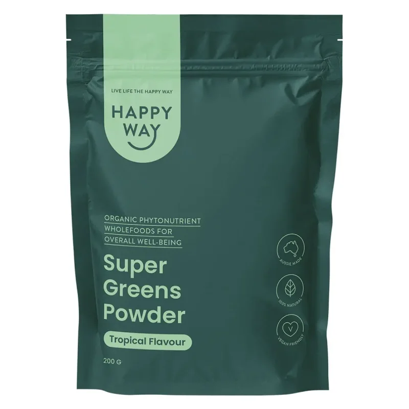 A dark green resealable pouch of Happy Way Super Greens Powder with 'Tropical Flavour' written on it.