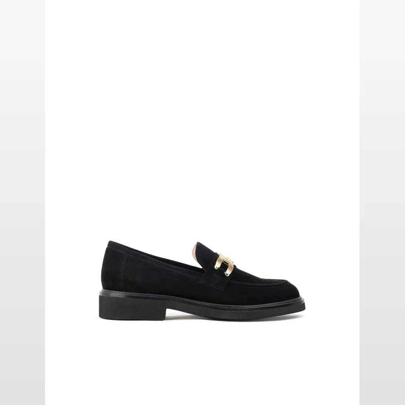 Black suede moccasin with gold trim detail and a low block heel.