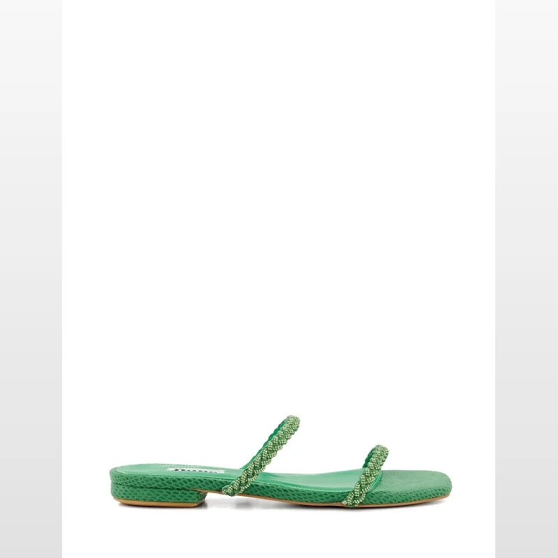 Close-up of a green Dune London Niamh sandal with two thin braided straps embellished with green rhinestones, a square toe, and a low heel.