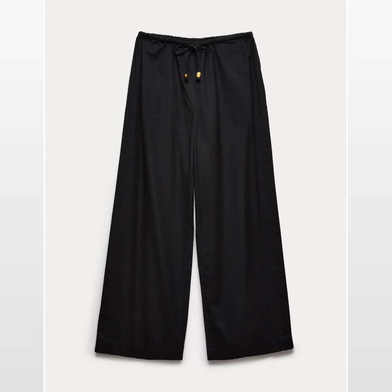 Black wide-leg trousers with a drawstring waist featuring beaded trims.