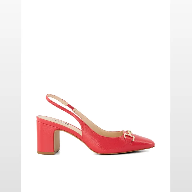 Red leather Dune London slingback heels with a gold snaffle detail and a block heel.