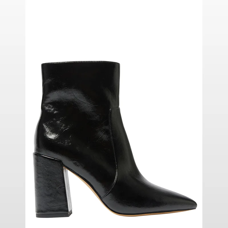 Black patent leather ankle boot with a pointed toe and a chunky block heel.
