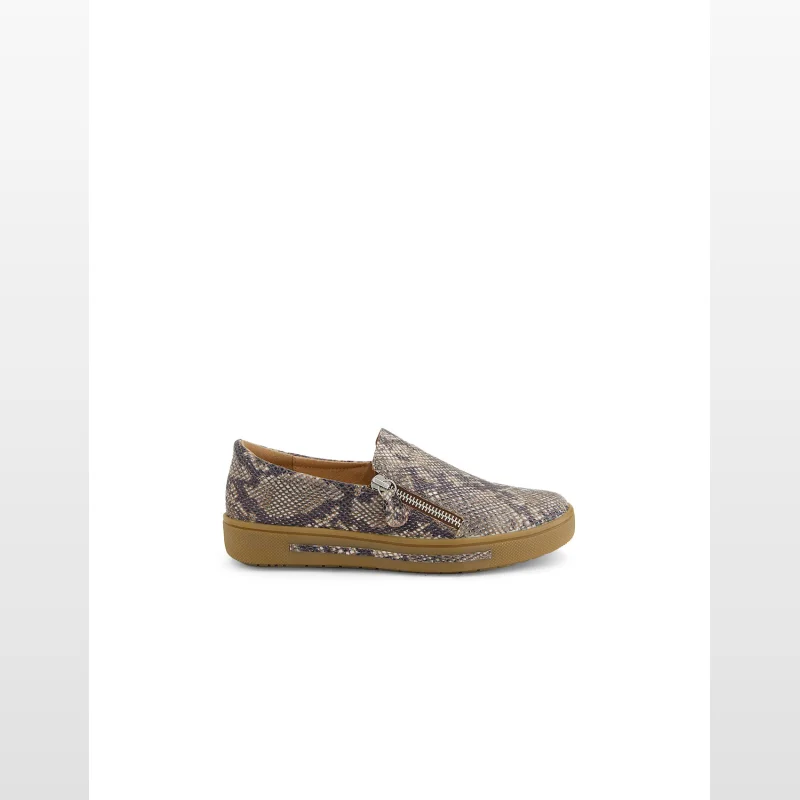 Side view of a women's Supersoft by Diana Ferrari Bellisa slip-on flat shoe with a snake print pattern and a decorative zip detail.