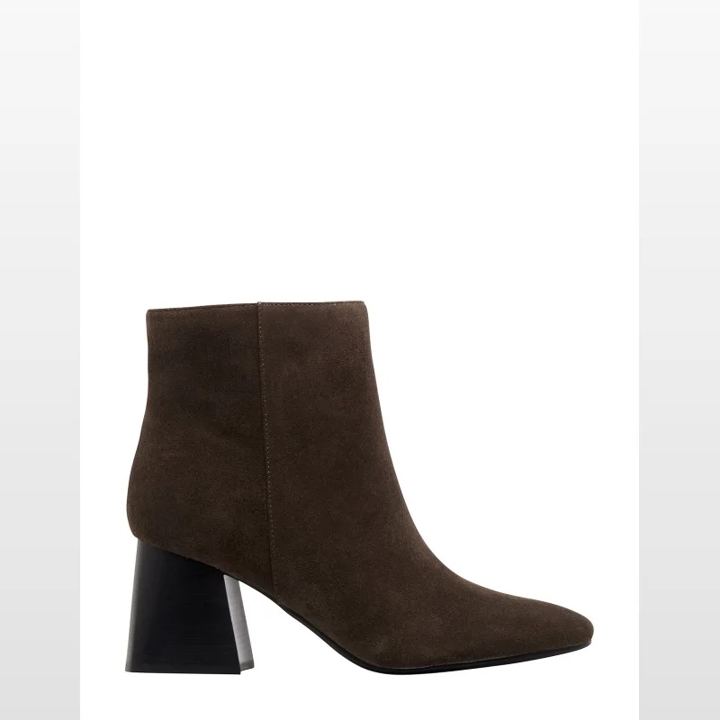 Brown suede Nine West Lafee ankle boot with a square toe and a black block heel.