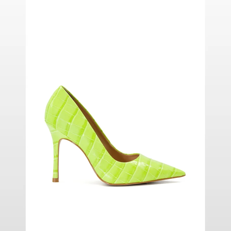 A single lime green Dune London Bento Pump court shoe with a pointed toe and stiletto heel, featuring a croc-embossed texture.