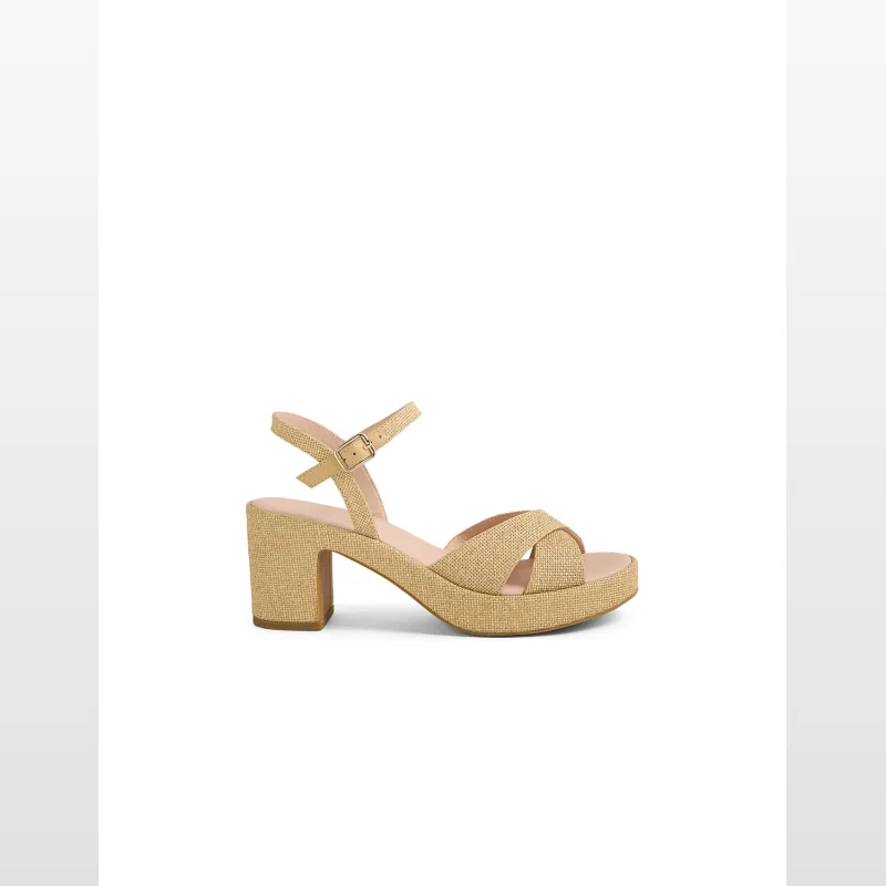 A pair of tan woven Diana Ferrari BENCER heeled platform sandals with a buckle strap and criss-cross toe straps, shown on a white background.