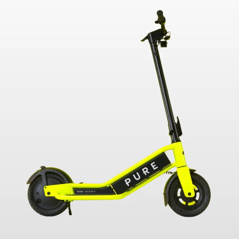 A bright yellow Pure Escape+ electric scooter with black handlebars and accents, shown against a white background.