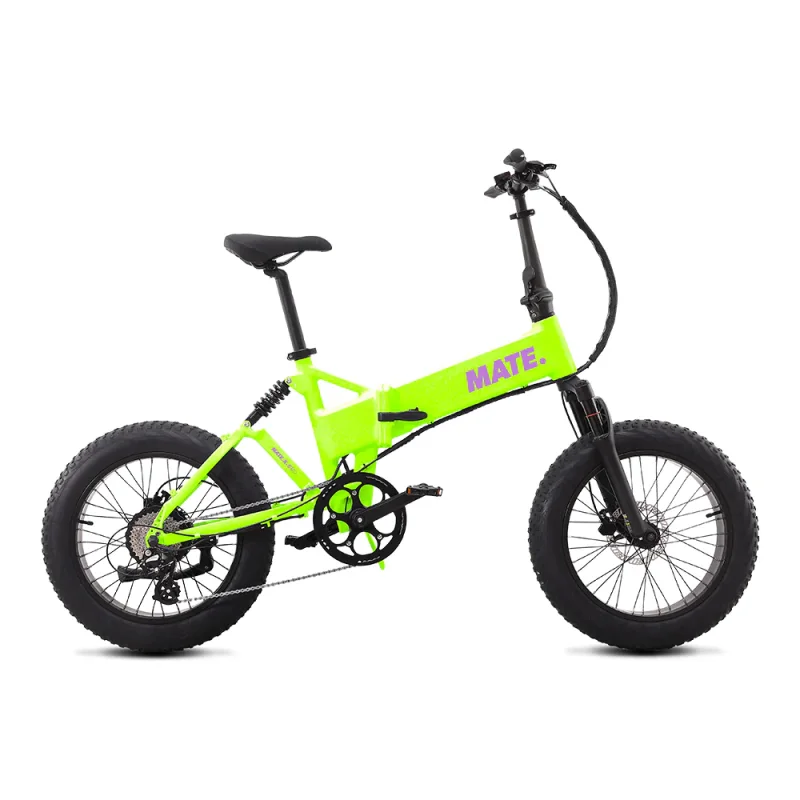 A bright green MATE X Evo folding electric bike with fat tyres, shown against a white background.