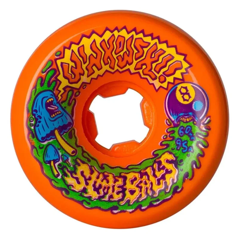 Orange skateboard wheel with 'Winkowski Vomits' and 'Slime Balls' graphics, featuring a mushroom character and an 8-ball.