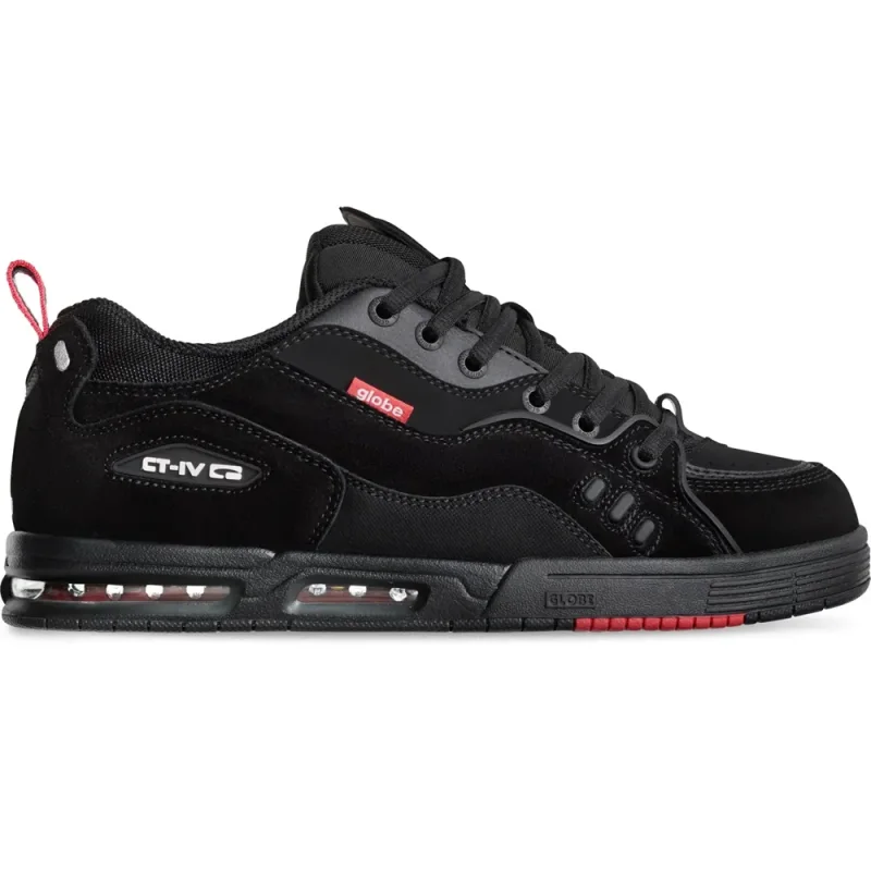 Side view of a black suede Globe CT-4 men's skate shoe with red accents on the heel tab and sole.