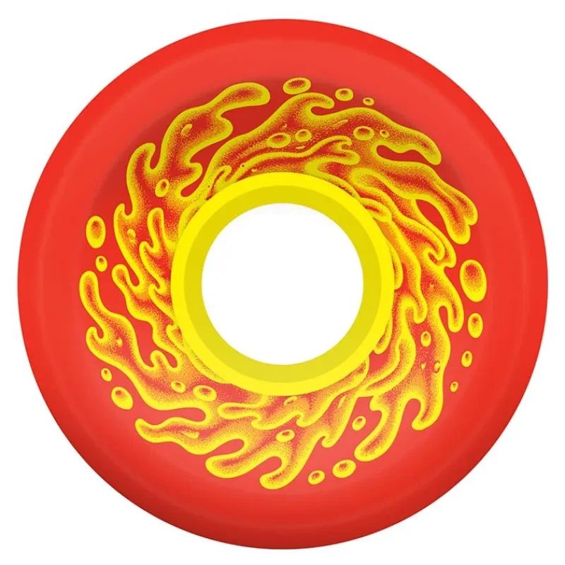 A red skateboard wheel with a yellow graphic resembling flames or slime, and a yellow inner ring.