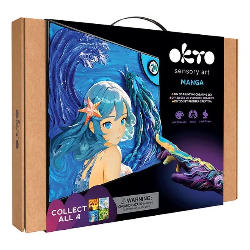 Okto DIY 3D Art & Painting Manga Kit featuring a manga-style heroine with blue hair and a starfish in her hair, surrounded by blue water waves and a hand reaching out.