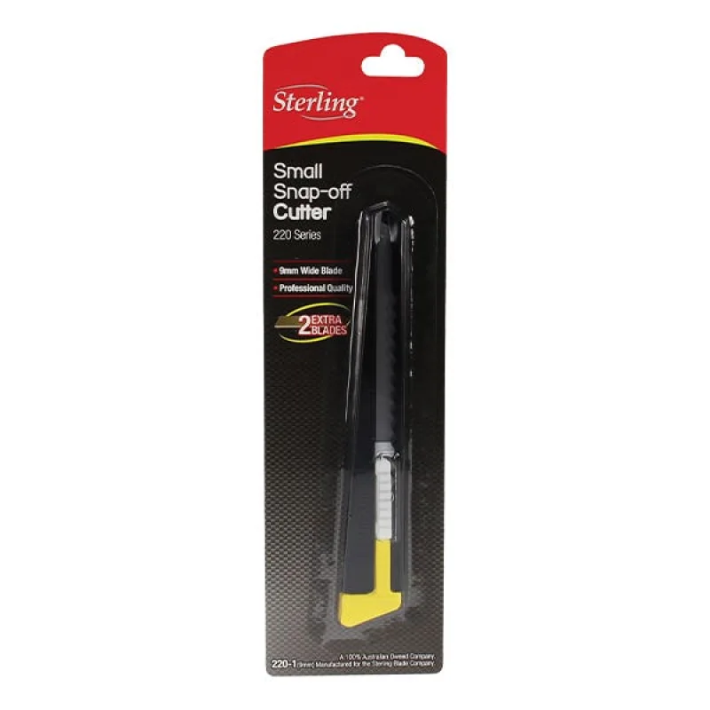 Sterling Black Enamel Steel Snap Blade Cutter (220 1) in packaging, showing the black cutter with a yellow end and a 9mm blade.