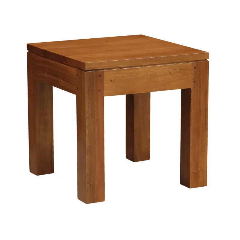 A square wooden lamp table with a warm brown finish and four sturdy legs, isolated on a white background.
