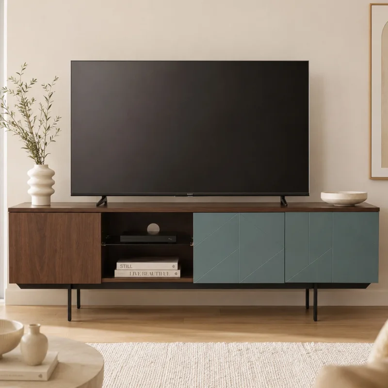 A 160cm wide TV unit with a walnut wood finish on the left and teal geometric doors on the right, supported by black metal legs.