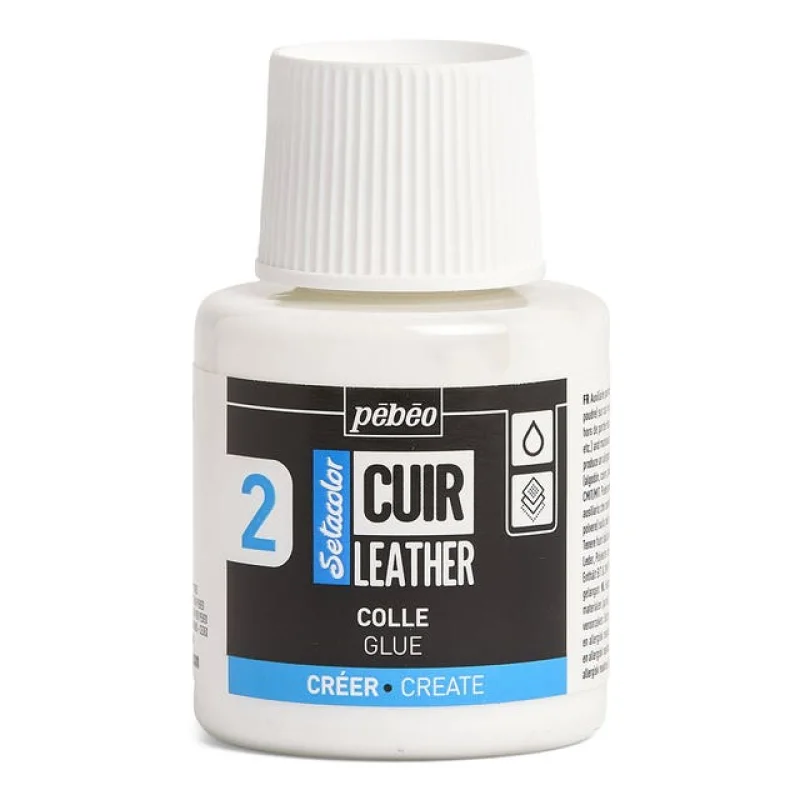 Bottle of Pebeo Setacolor Leather Glue with white cap and label showing 'Setacolor', 'CUIR LEATHER', 'COLLE GLUE', and 'CRÉER CREATE'.