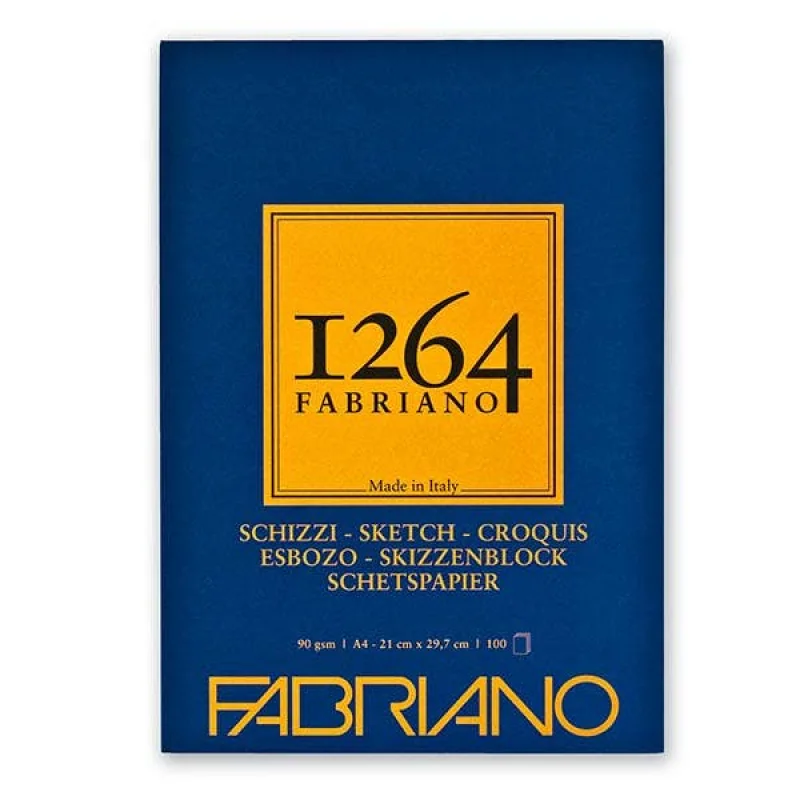 A Fabriano 1264 sketch pad with a blue cover and a yellow square logo featuring '1264 FABRIANO' and 'Made in Italy'.