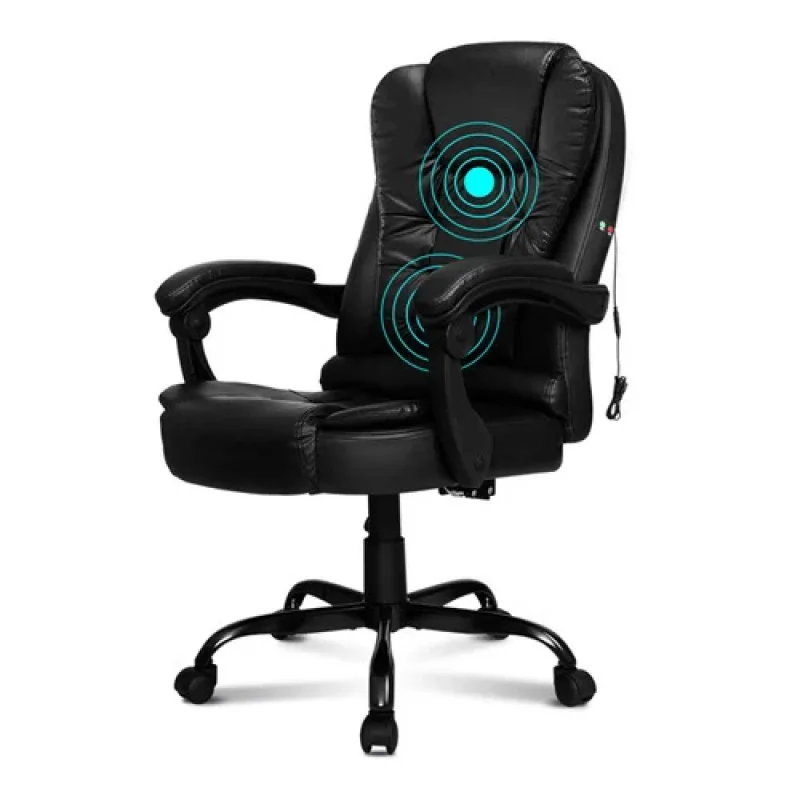 Black faux leather executive chair with massage feature indicated by blue concentric circles on the backrest.