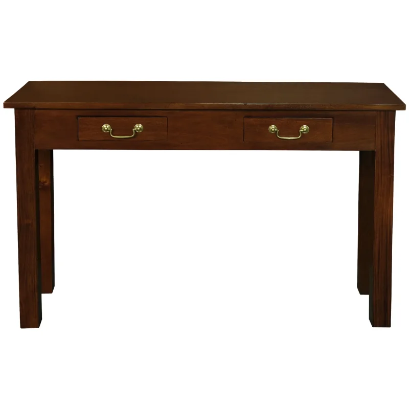 A dark brown wooden sofa table with two drawers and brass handles, featuring straight legs.