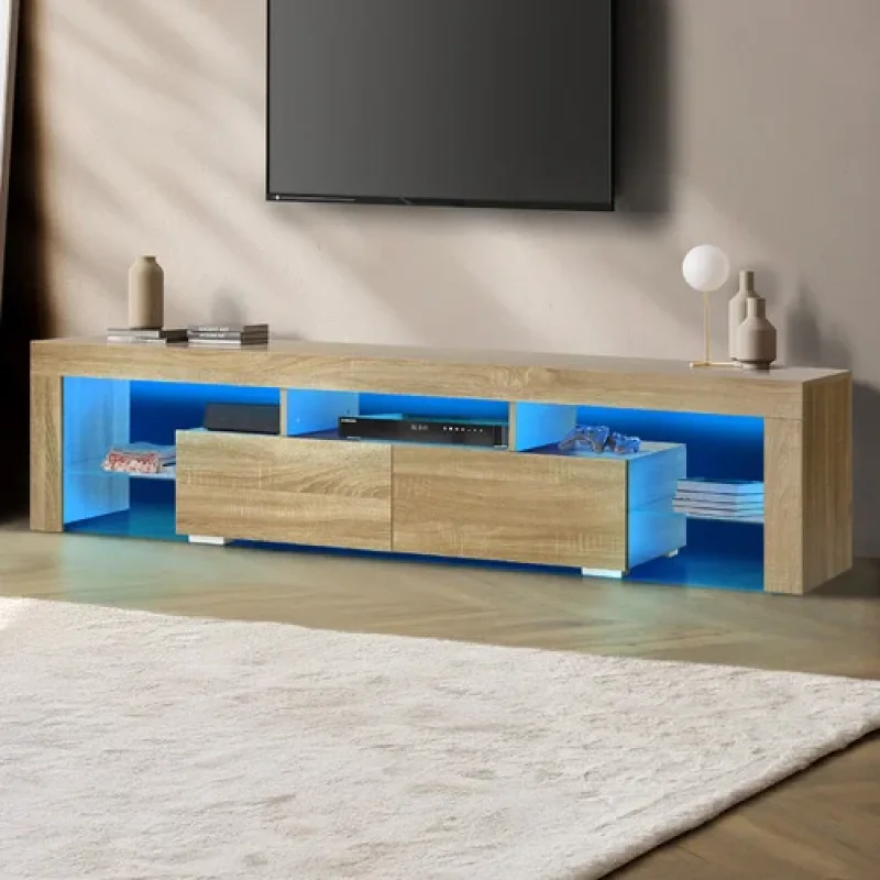 Aiyana 2 Drawer Entertainment Unit with LED lighting in a light wood finish, featuring two drawers and open shelving, with blue LED lights illuminating the unit.