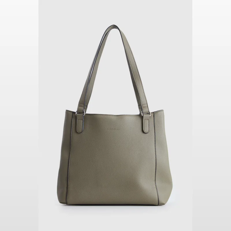 A small, taupe-coloured Cabrelli multi-compartment tote bag made from faux leather, with twin flat shoulder straps and a subtle embossed logo.
