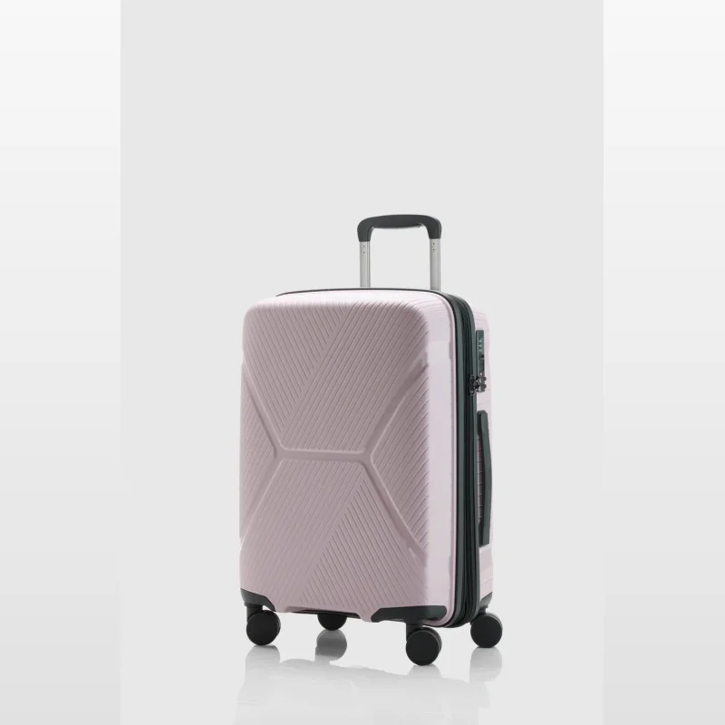 A light pink Palm Carry-On 55cm suitcase with a textured geometric pattern, four spinner wheels, a retractable handle, and a built-in TSA combination lock.