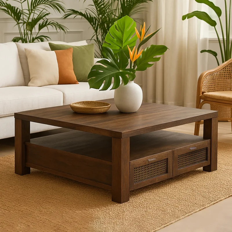 A square, dark wood coffee table with two rattan-fronted drawers and a lower shelf, set in a modern living room with plants and a sofa.