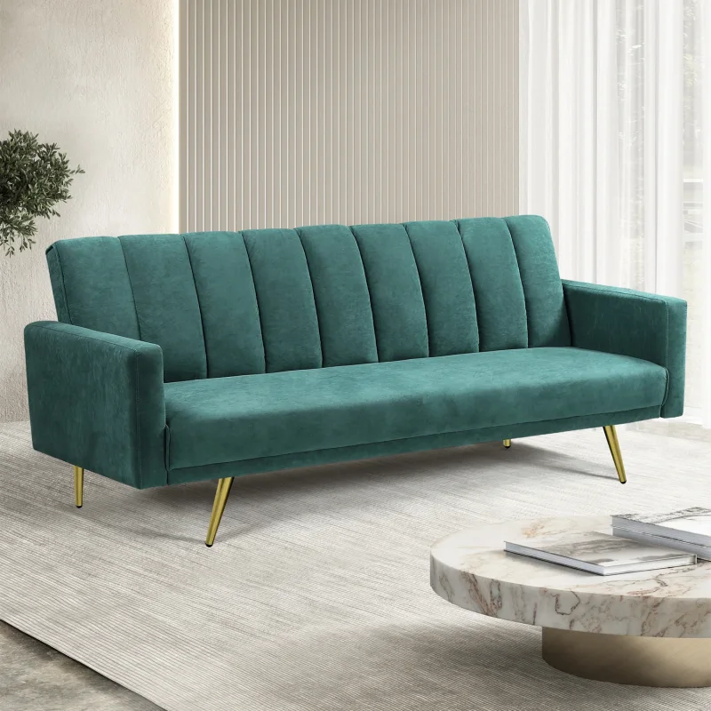 A teal green velvet 3-seater sofa bed with channel tufting and gold legs, shown in a modern living room setting.