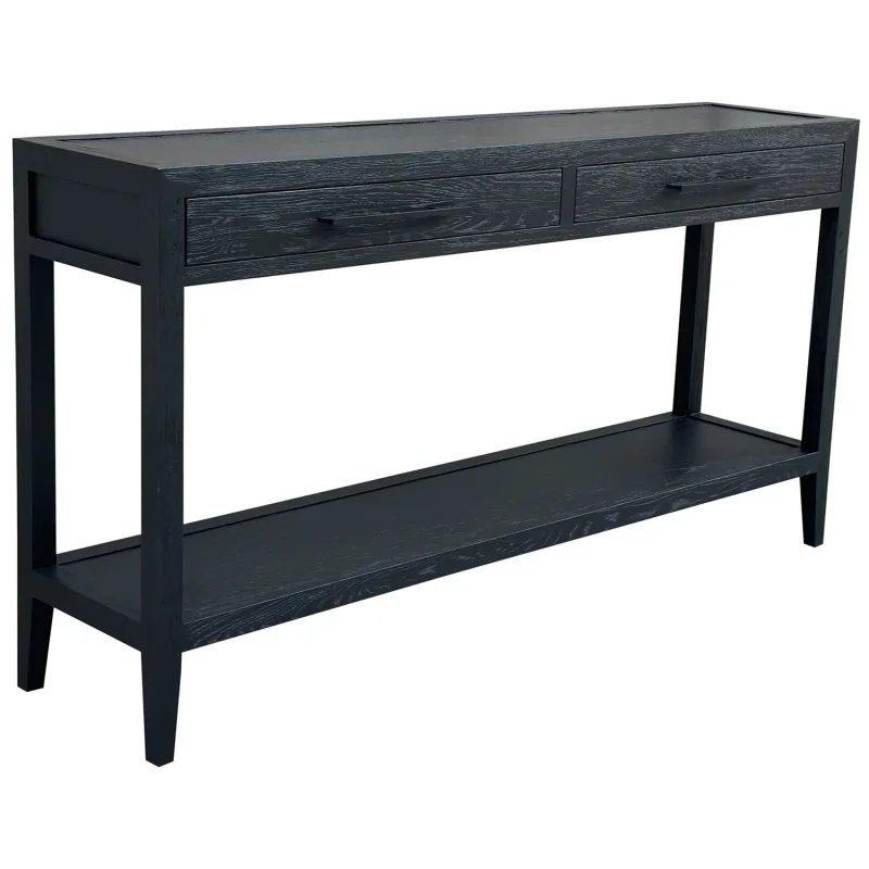 A black French oak wood console table with two drawers and a lower shelf, set against a white background.