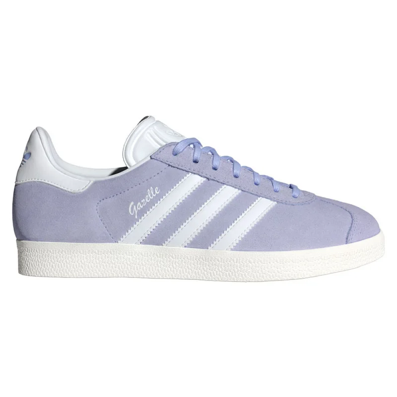 Side view of a violet adidas Gazelle women's casual shoe with white stripes and white sole.