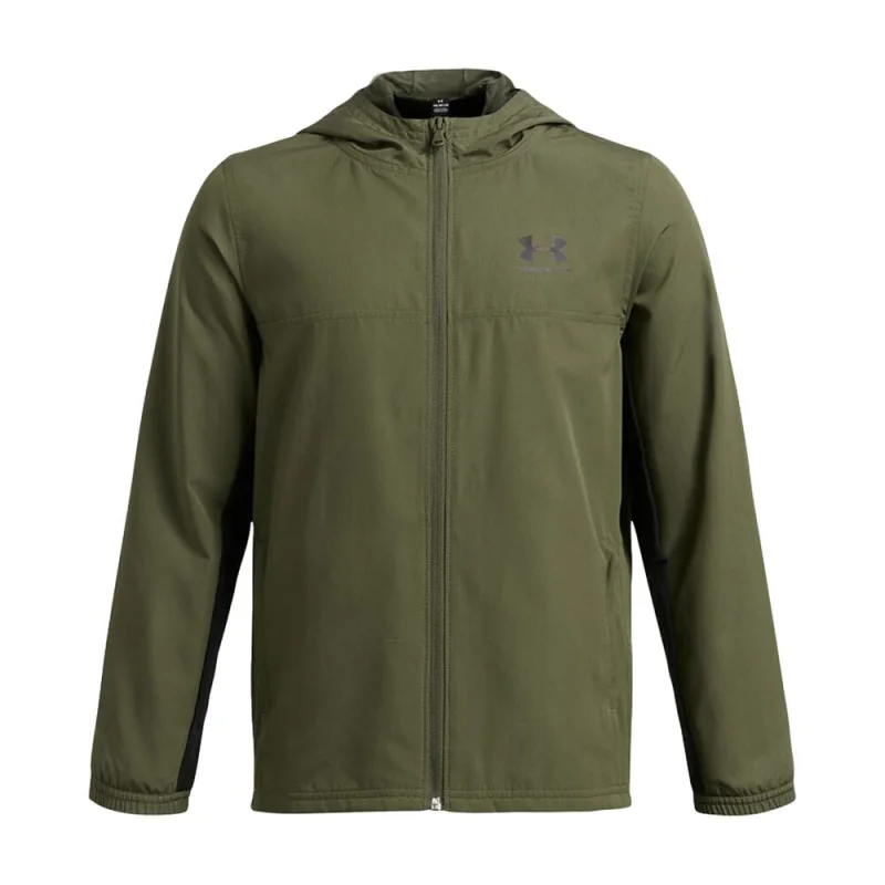 Green Under Armour Junior Rival Woven Jacket with hood and zip closure