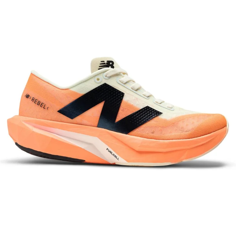 Side view of a New Balance FuelCell Rebel V4 women's running shoe in orange and cream with black accents.
