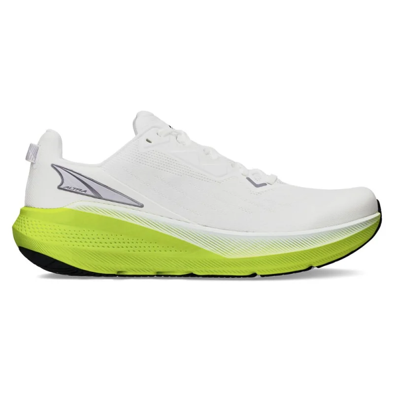 Side view of a white Altra FWD Via men's running shoe with a bright green midsole and black outsole.