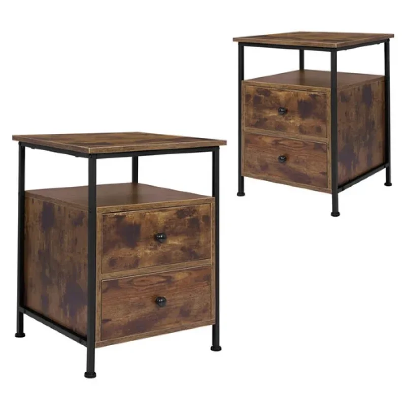 Two industrial-style bedside tables with a rustic wood-look finish and black metal frames, each featuring two drawers.