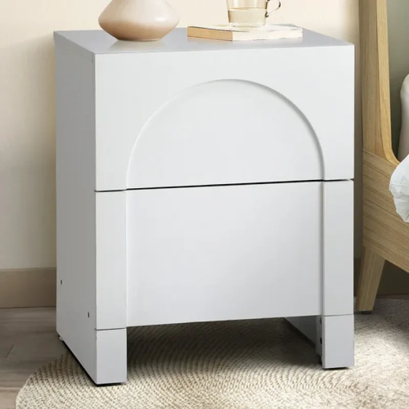White Otis bedside table with two drawers and a curved detail on the top drawer.