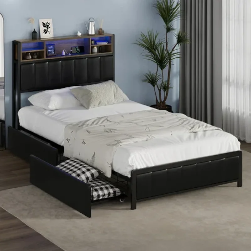 A black faux leather bed frame with a wooden headboard featuring integrated LED lighting and storage shelves. The bed has two pull-out drawers underneath, one of which is open showing checkered pillows.