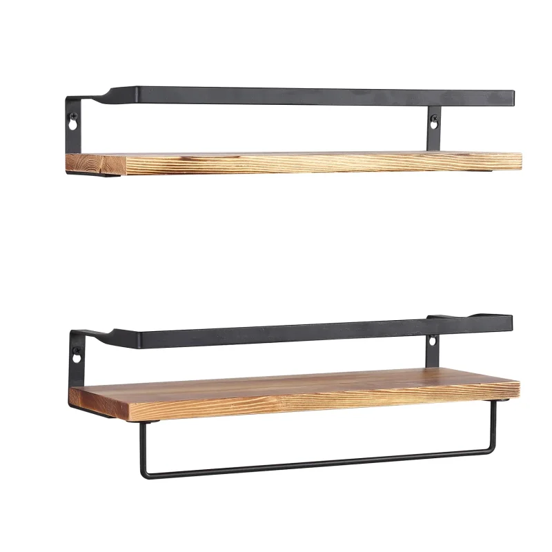 A set of two industrial-style floating shelves, each featuring a natural wood plank and a black metal frame with a safety rail on the lower shelf.