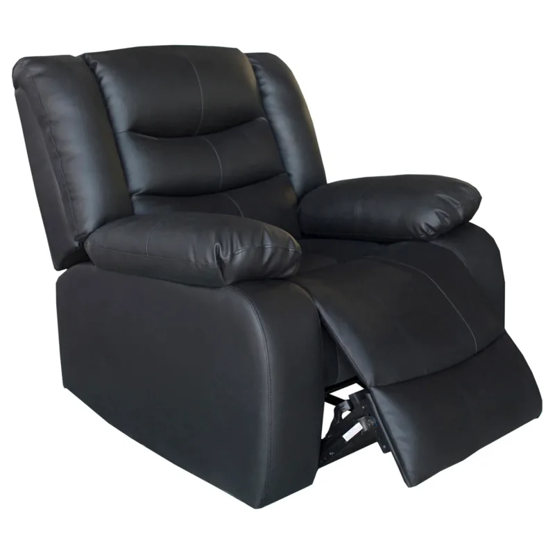 Black faux leather recliner chair with wide armrests and a high back, shown with the footrest extended.