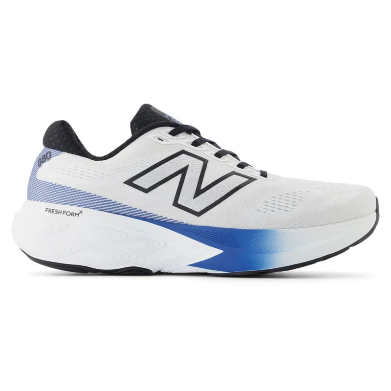Side view of a white New Balance 880 V15 men's running shoe with blue accents and a black 'N' logo.