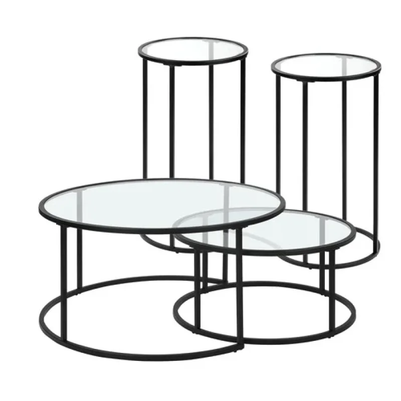 A set of four nesting tables with round glass tops and black metal frames, varying in height and diameter.