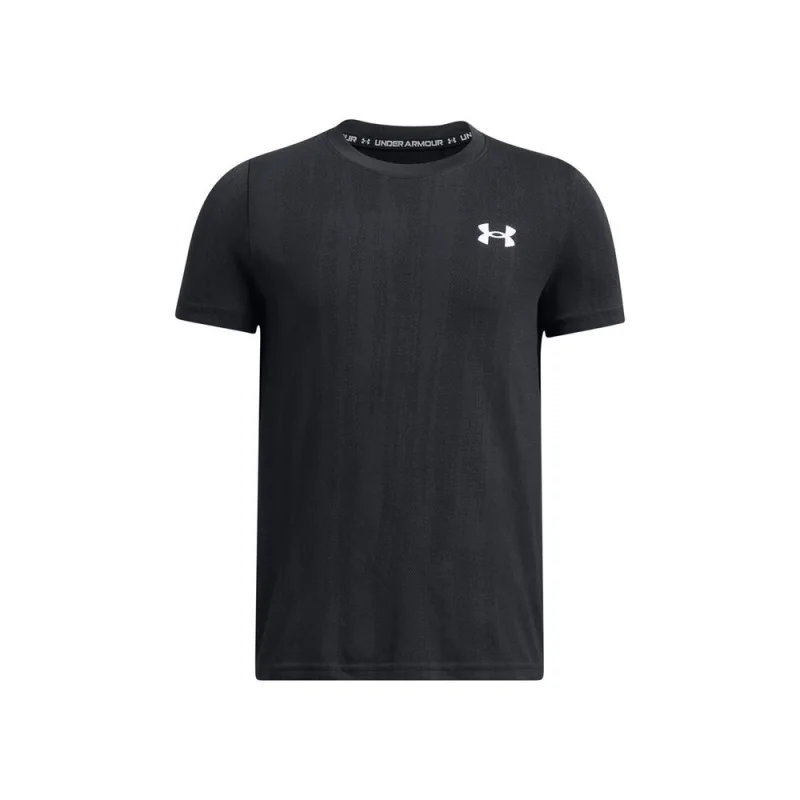 Black Under Armour Junior Vanish Seamless Tee with white Under Armour logo on the chest and repeating Under Armour branding on the collar.
