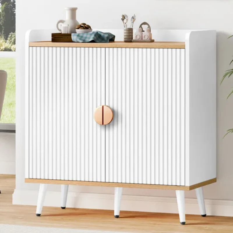 White Bexley 2 Door Sideboard Buffet with fluted doors and rose gold handles, featuring a timber top and white tapered legs.