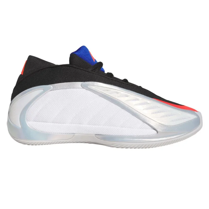 Side view of the adidas Anthony Edwards 2 Predator basketball shoe in white, black, silver, red, and blue.
