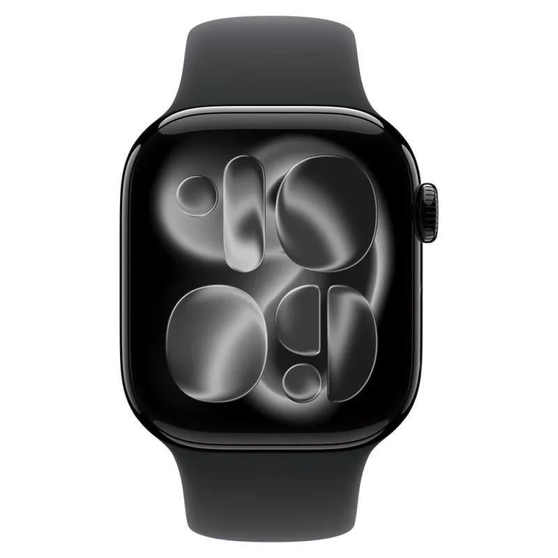 Close-up of an Apple Watch Series 11 with a jet black aluminium case and black sport band, displaying a modern watch face with abstract grey numerals.