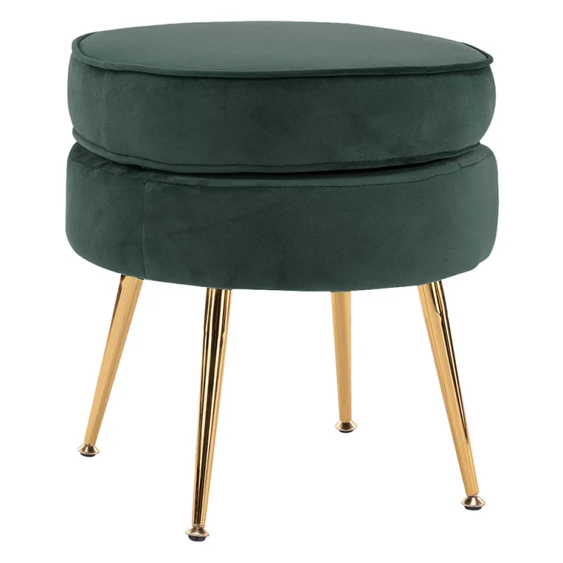 A dark green velvet ottoman with a stacked design and gold metal legs, isolated on a white background.