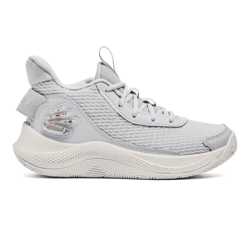 Side view of a grey Under Armour Curry 3Z7 GS basketball shoe for kids, featuring a mesh and leather upper, lace-up closure, and a thick white sole.
