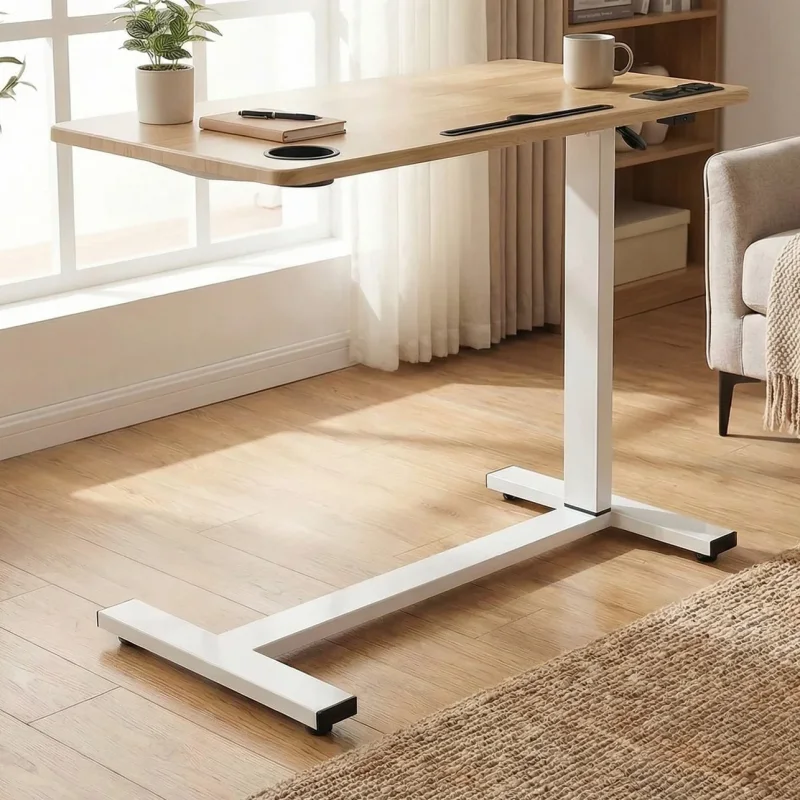 A modern oak and white adjustable standing desk with a white base, placed in a bright room with a window and a rug.