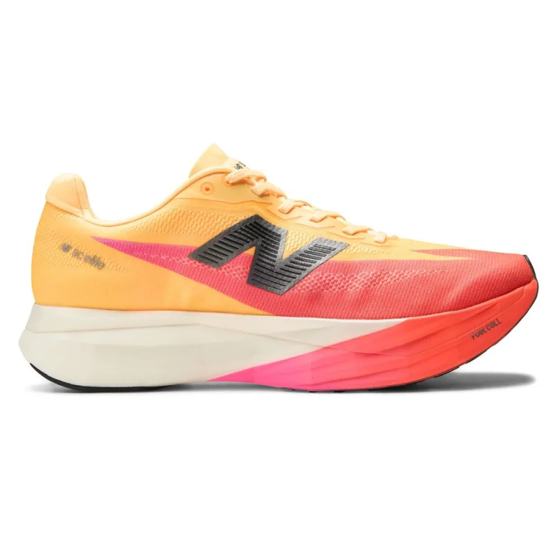 Side view of a New Balance SC Elite V5 men's running shoe in a gradient of orange, pink, and red with a white midsole and black outsole.